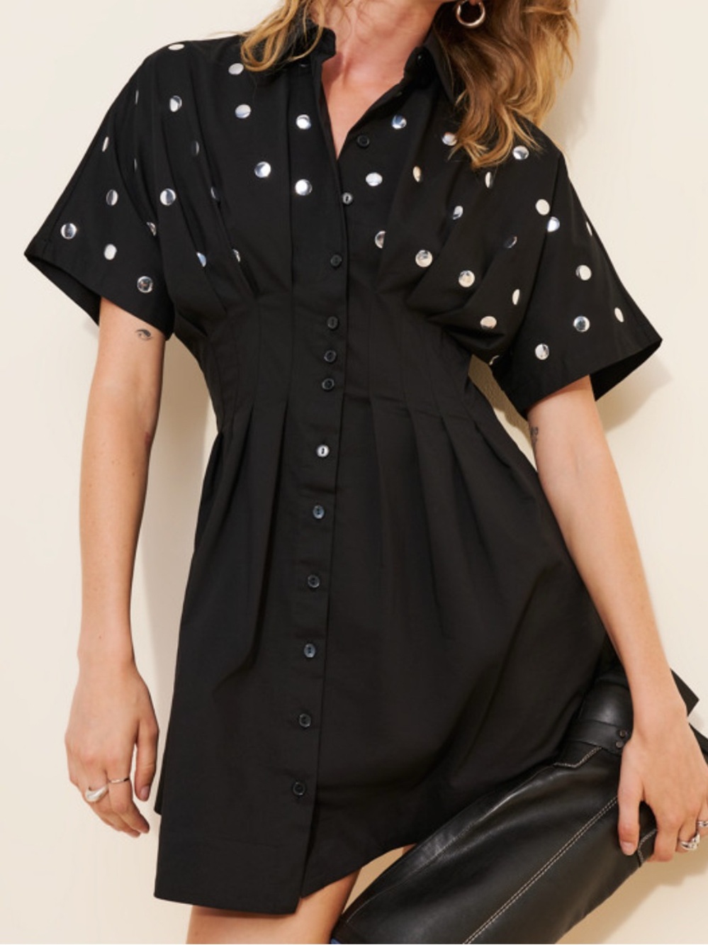 Exquise x Anthropologie The Tobie Studded Shirt Dress Mini Black Size S NWOT!